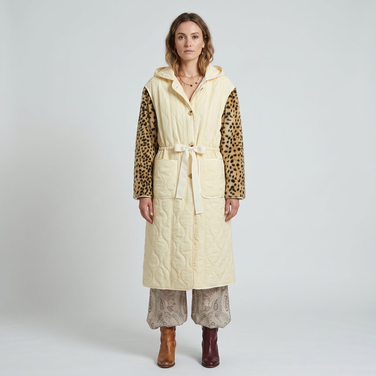 Quilted Leopard Sleeve Hooded Coat