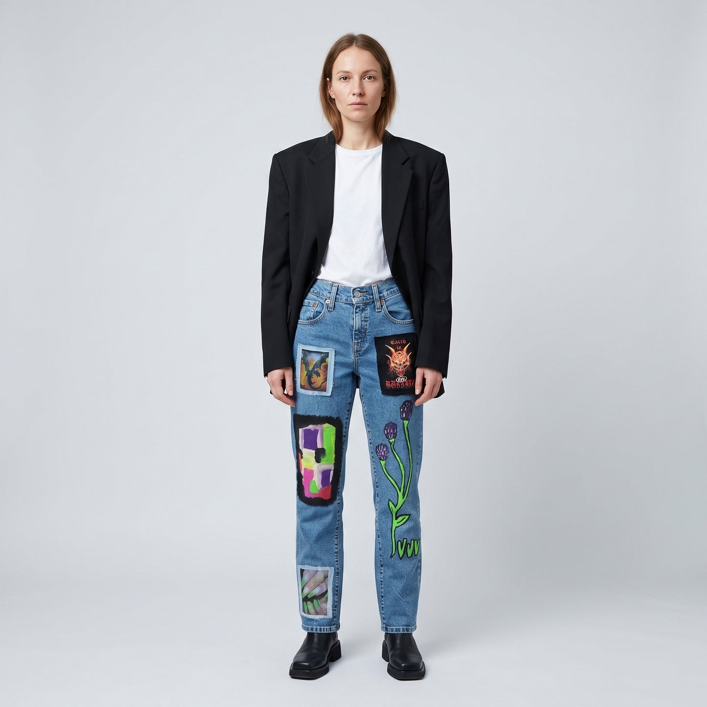 Graphic Patchwork Straight Leg Jeans