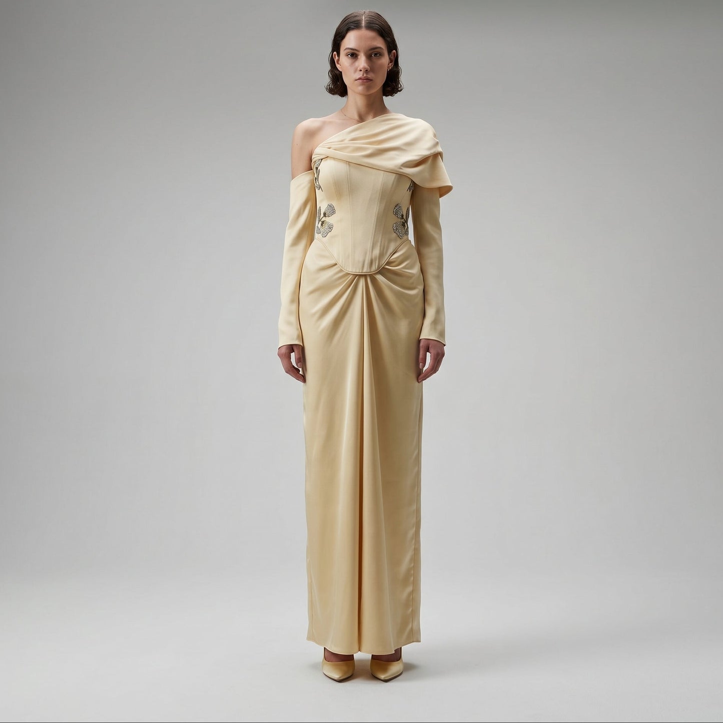 Embellished One-Shoulder Drape Gown