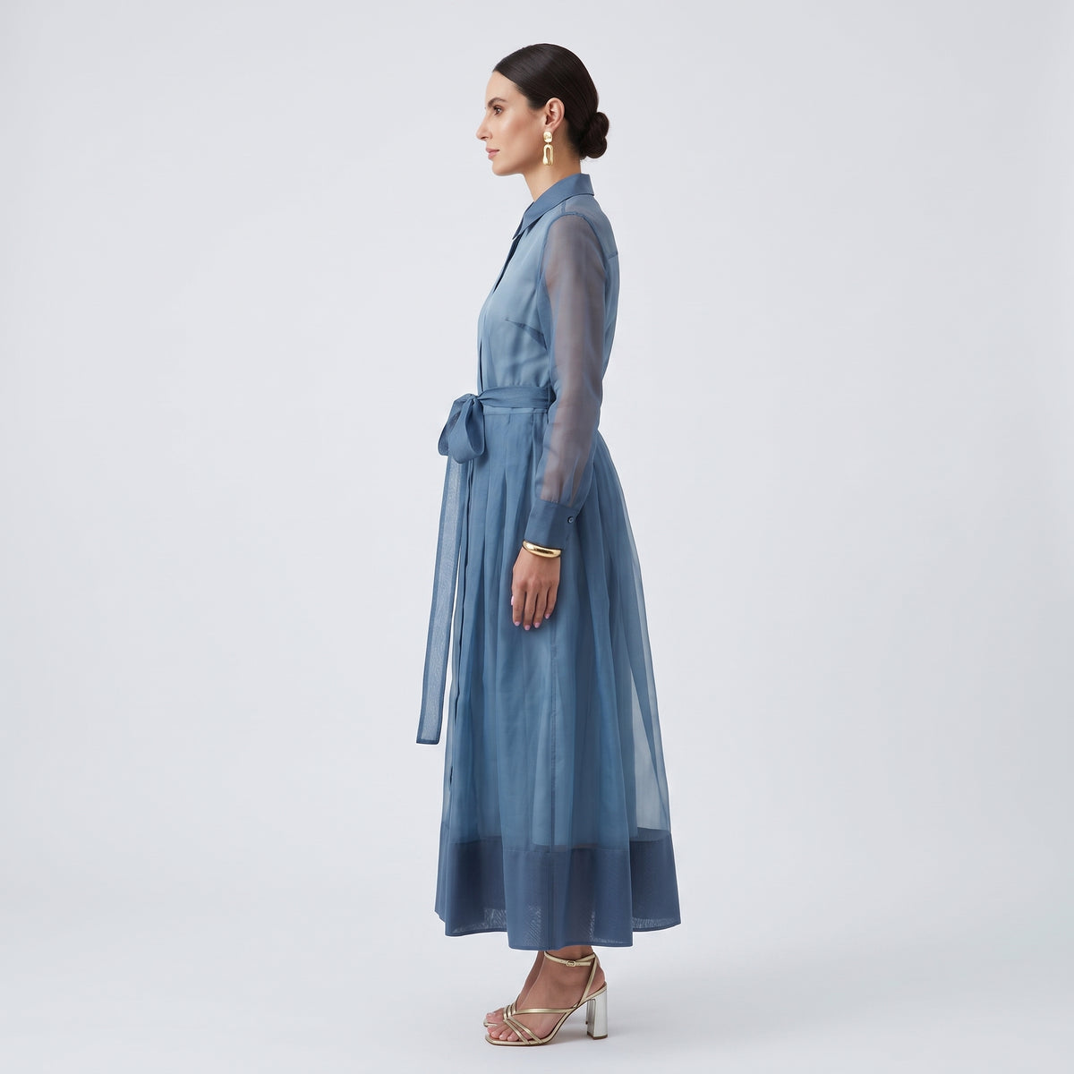 Sheer Organza Belted Midi Dress