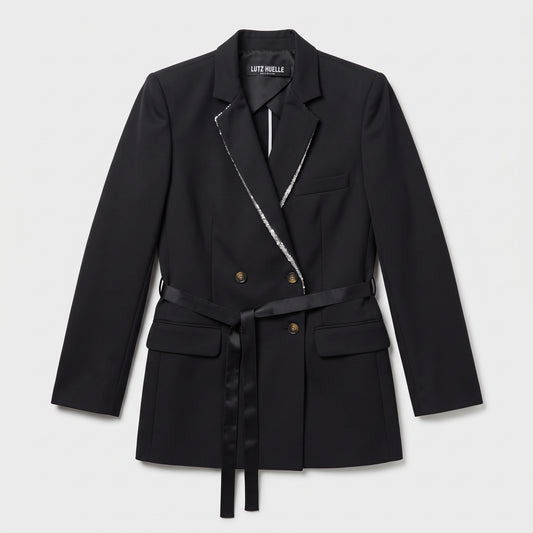 Sequin Trim Belted Blazer