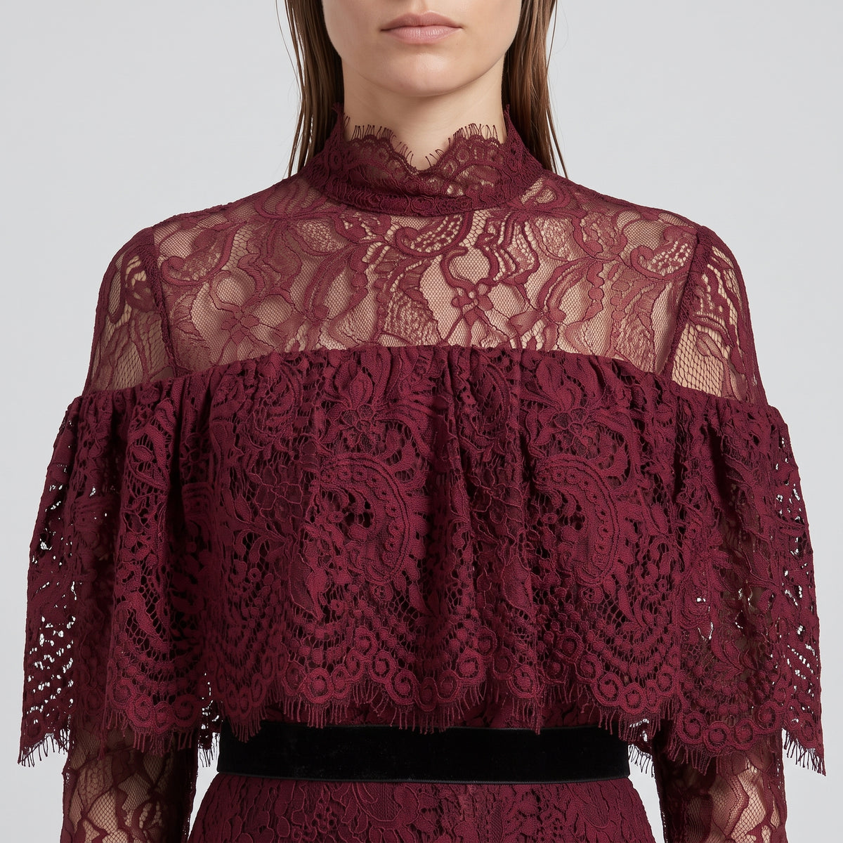 Burgundy Lace Ruffle Mini Dress