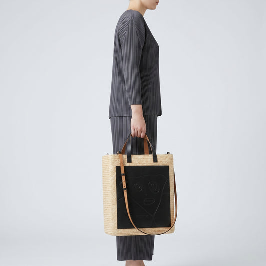 Graphic Leather Straw Tote Bag
