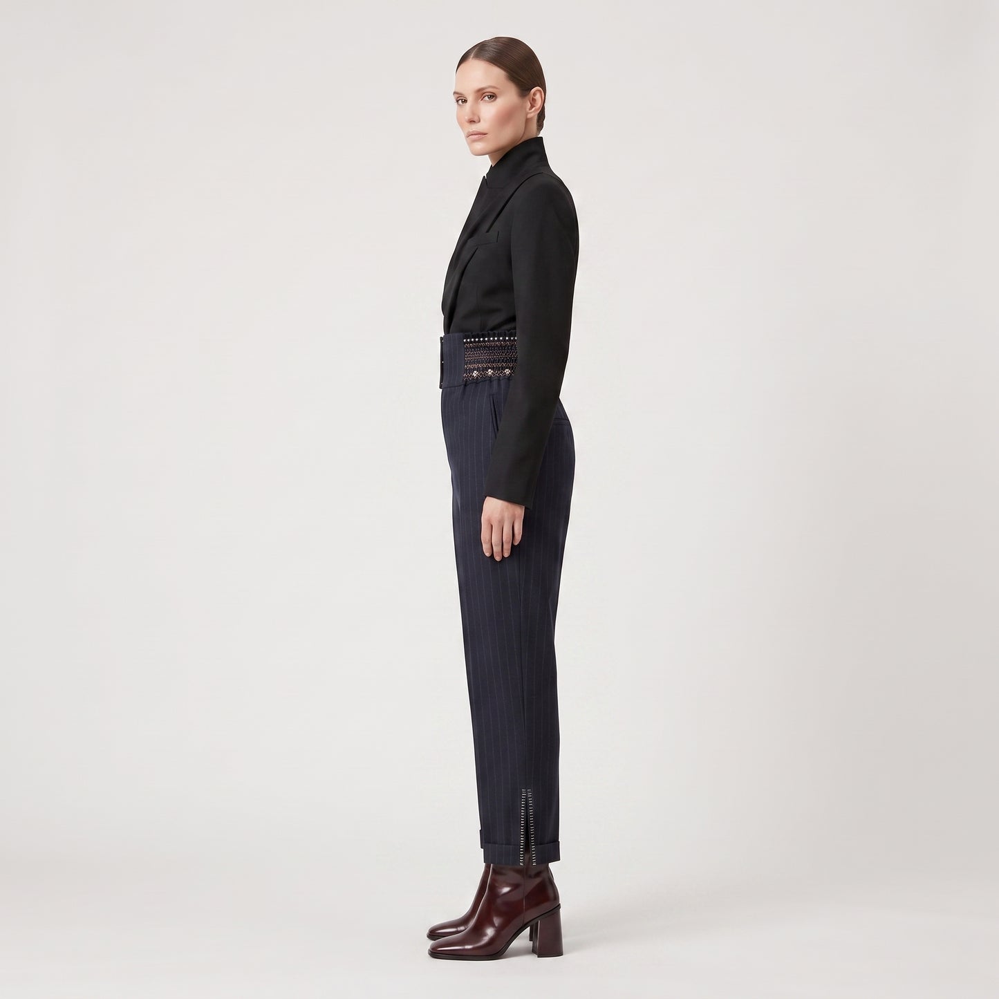 Pinstripe Embroidered High-Waisted Trousers