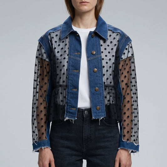 Polka Dot Denim Panel Jacket