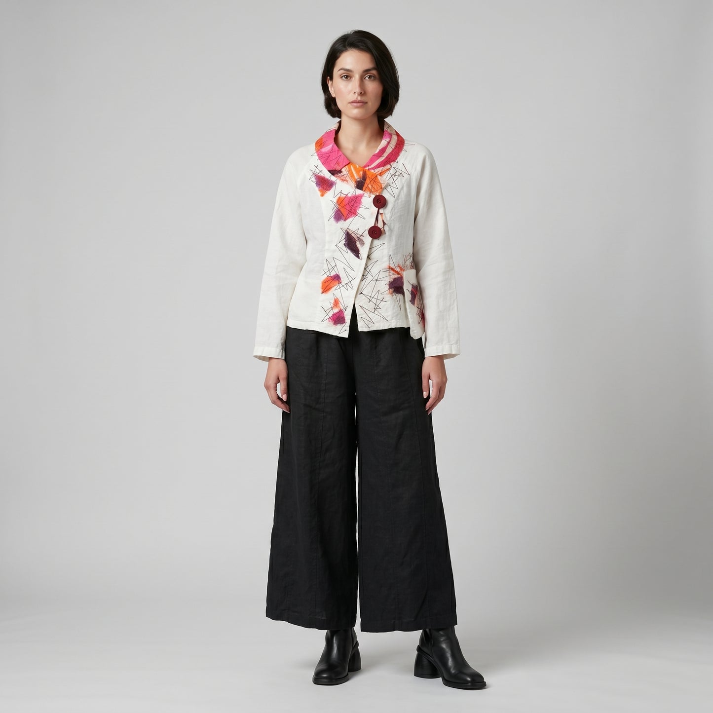 Abstract Embroidered White Linen Jacket