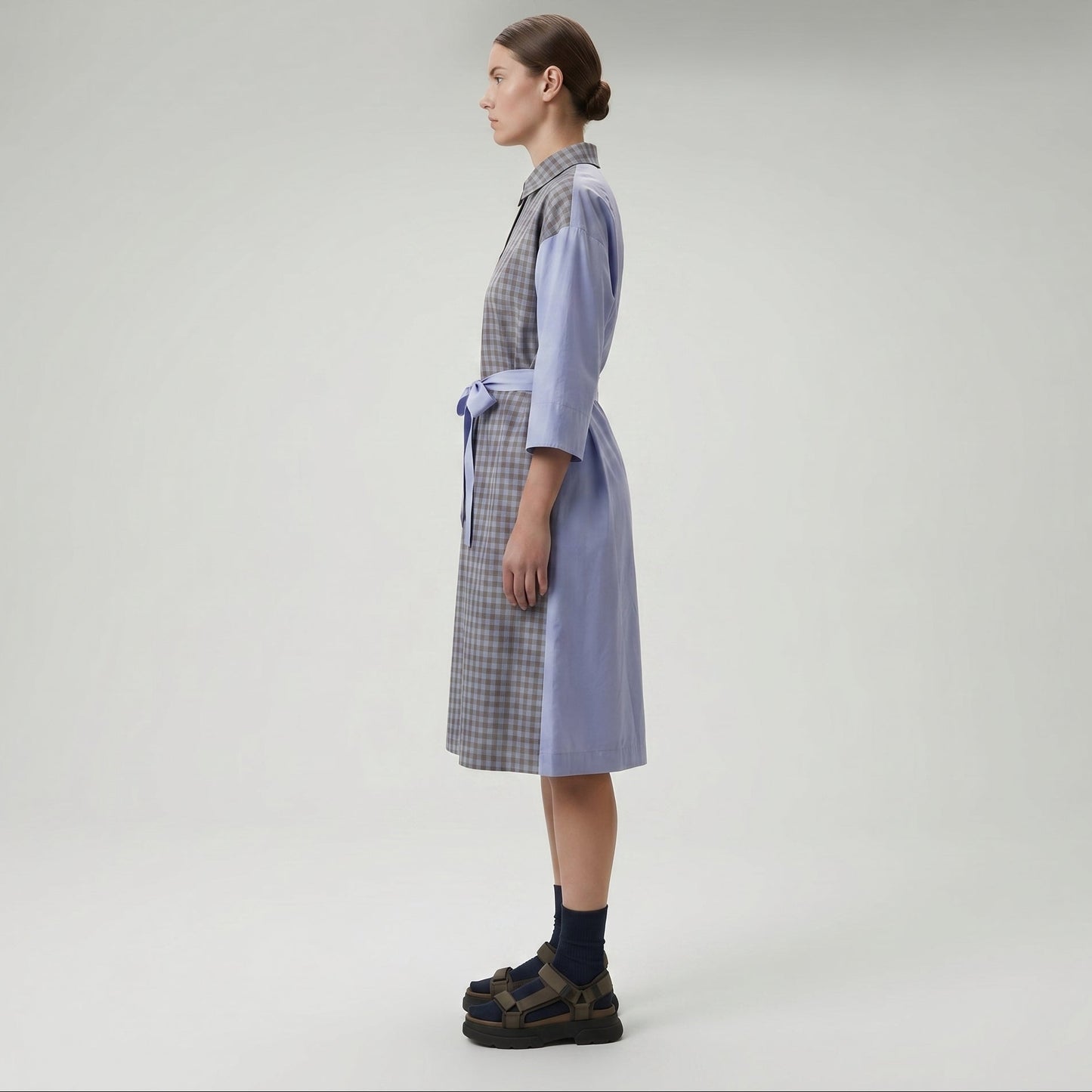 Checkered Panel Tie-Waist Dress