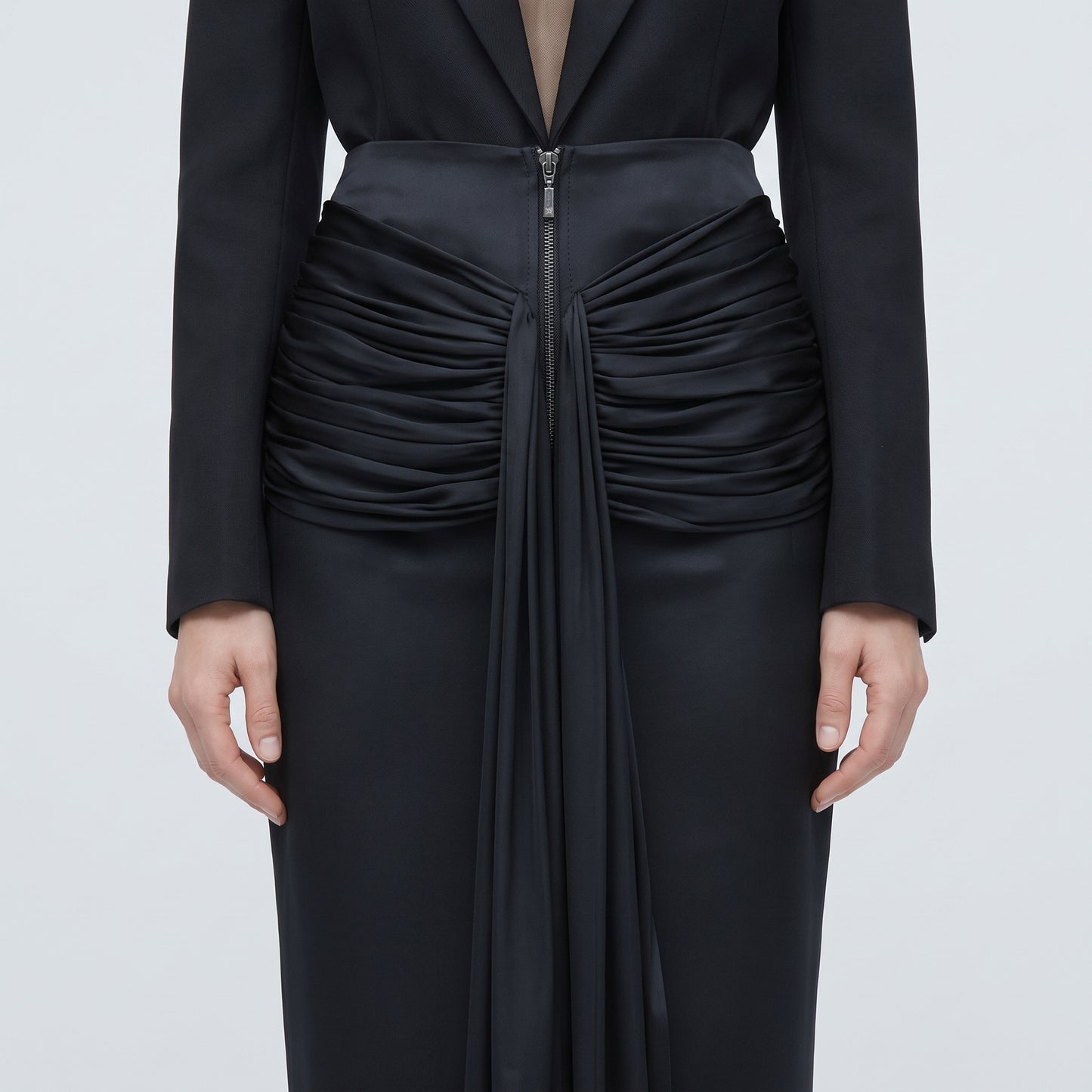 Ruched Satin Midi Skirt