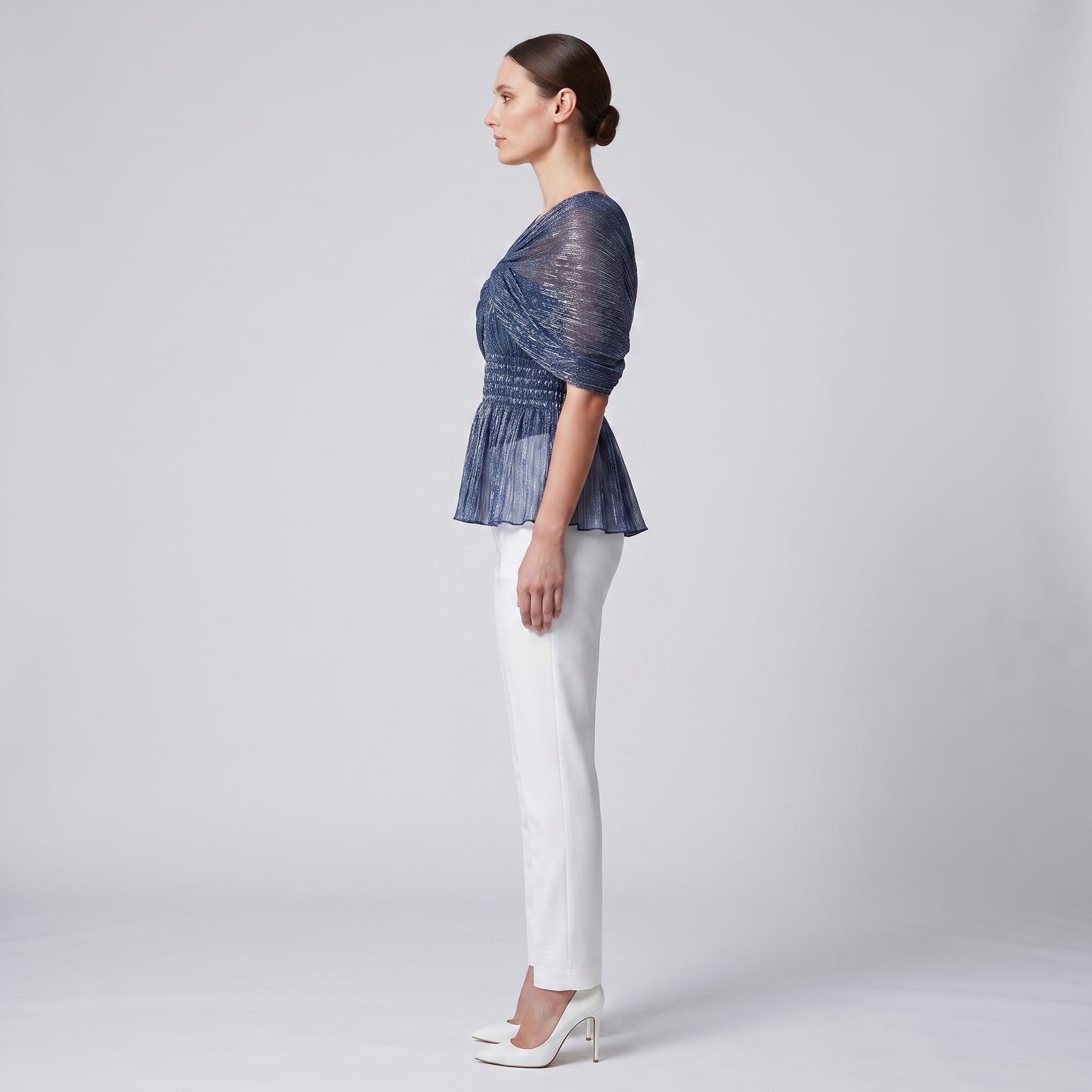 Metallic Ruched Peplum Evening Top