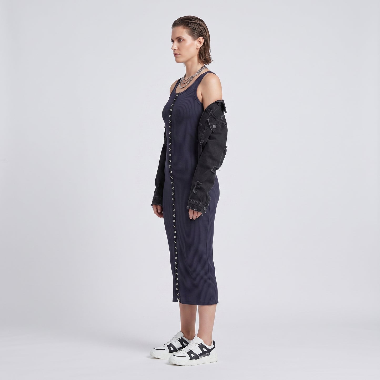 Ribbed Hook-and-Eye Midi Dress