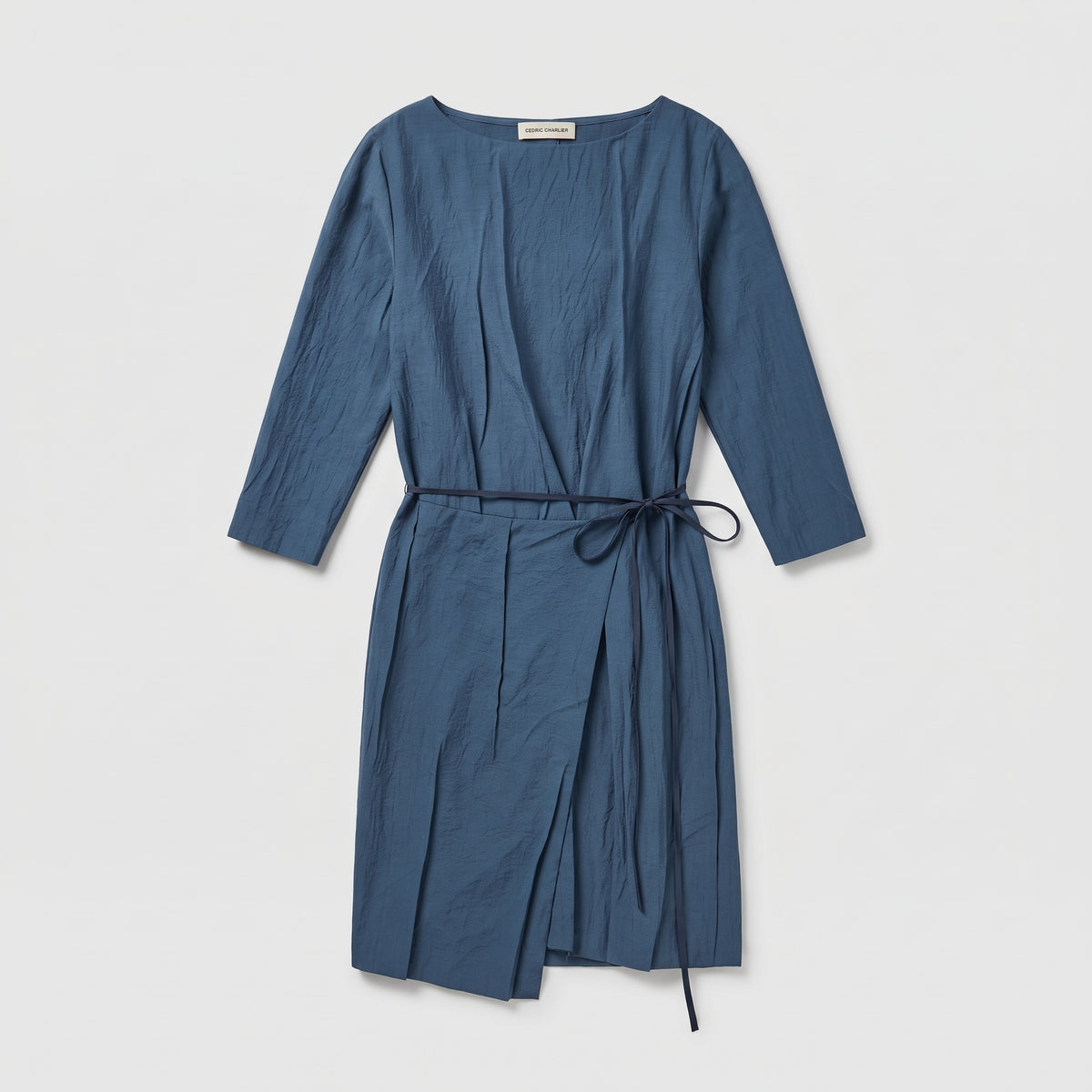 Textured Blue Wrap Midi Dress