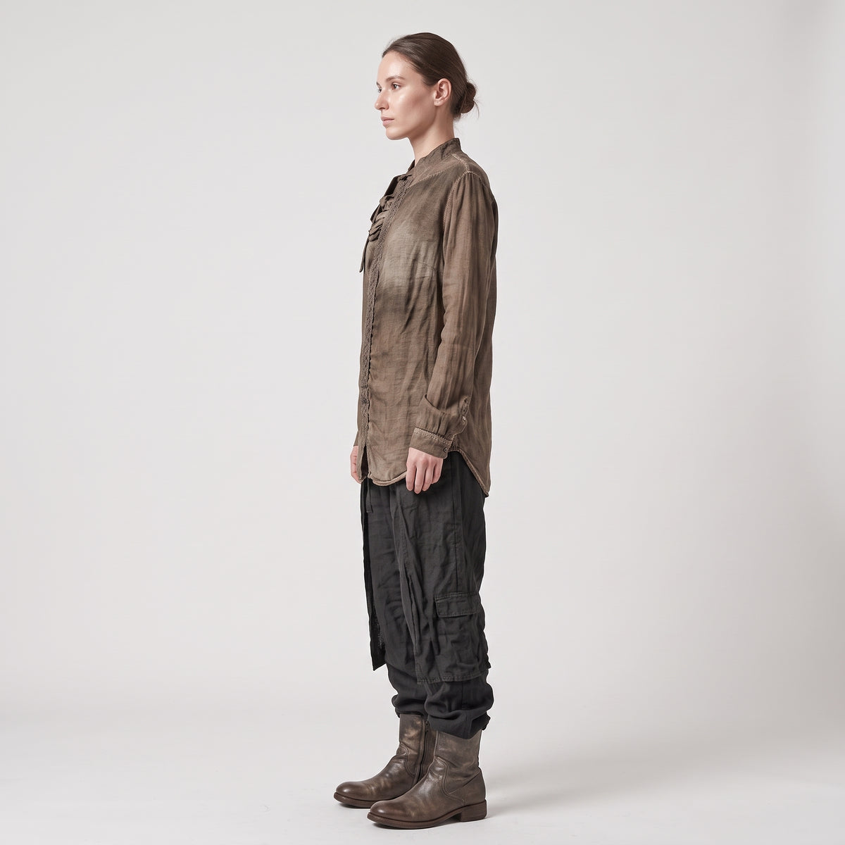 Tie-Neck Ruffled Linen Shirt