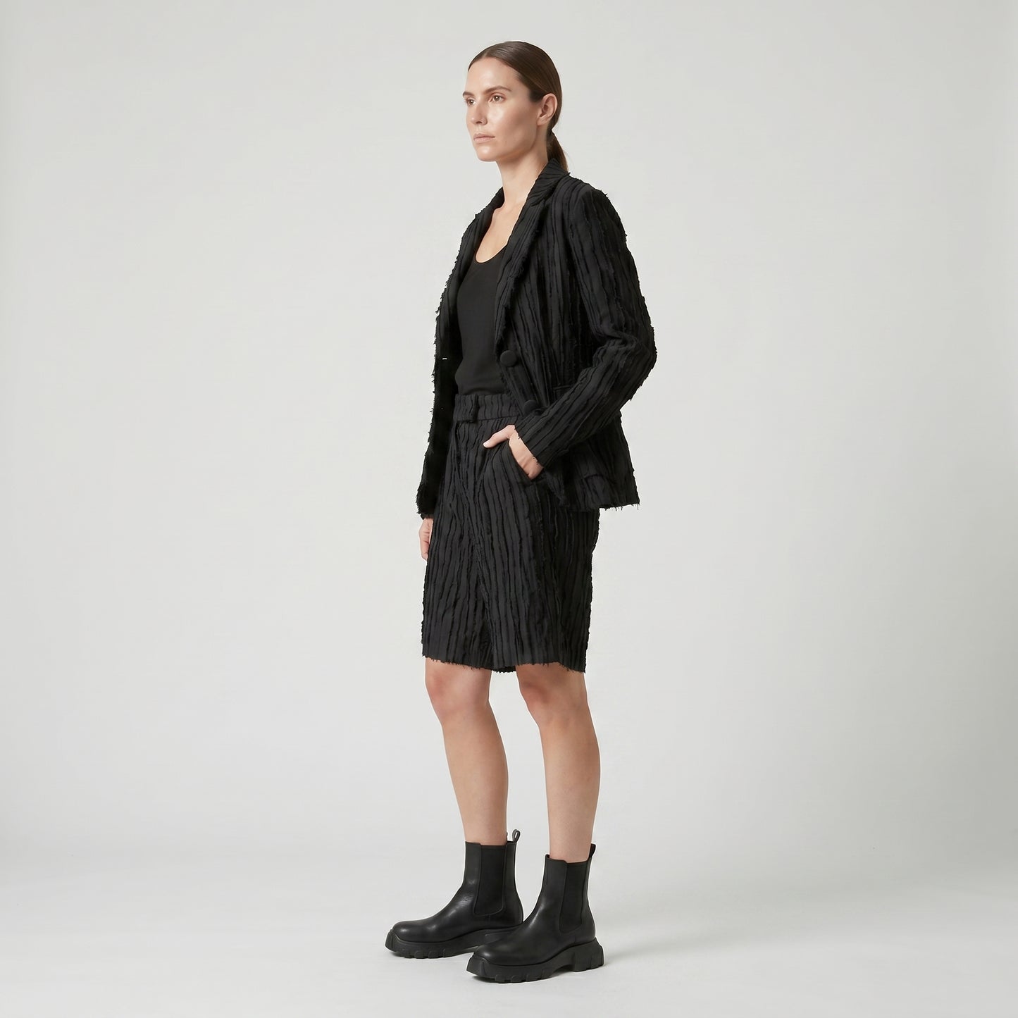 Textured Fringed Black Shorts