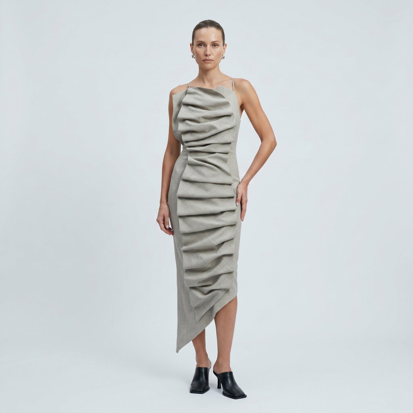 Asymmetric Ruched Midi Dress