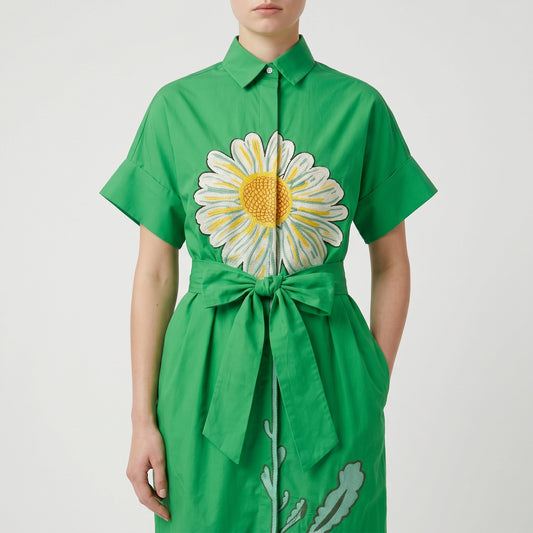 Floral Embroidered Green Shirt Dress