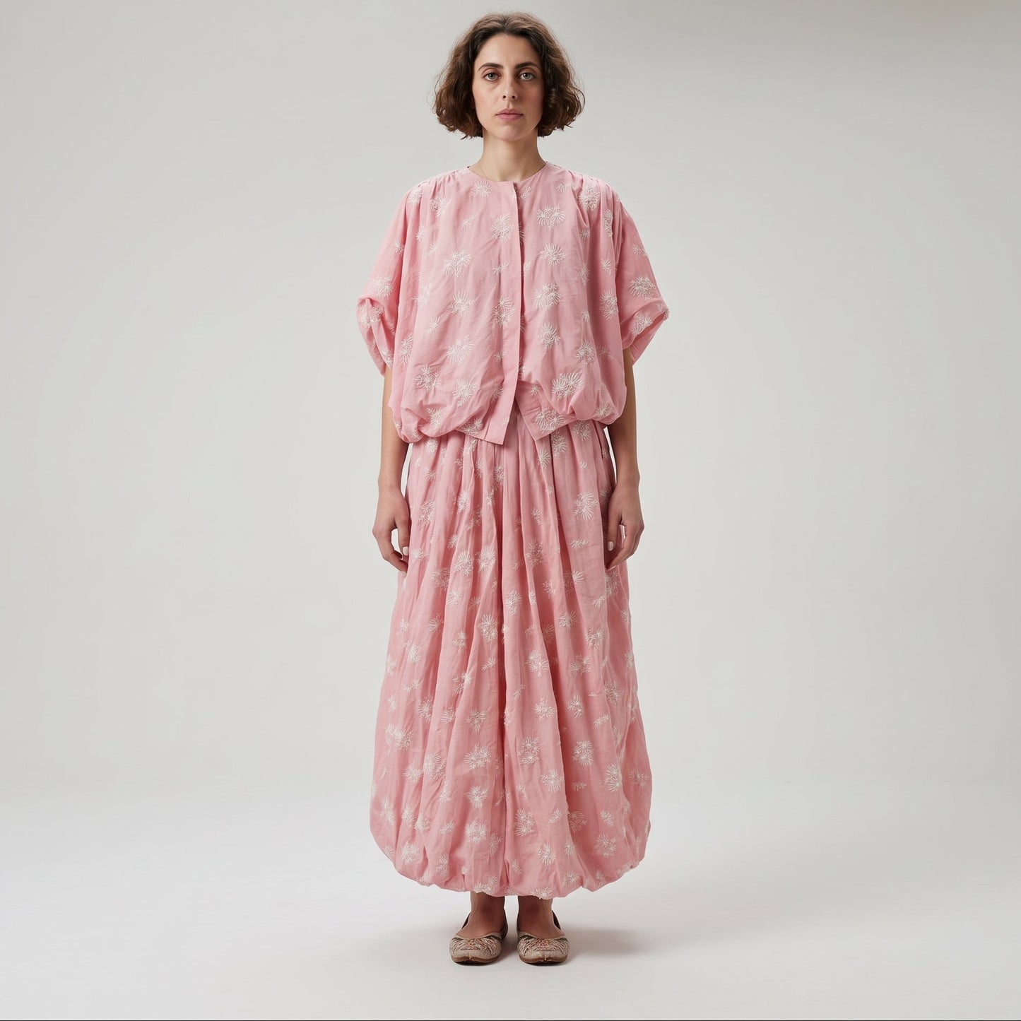 Embroidered Pink Bubble Hem Top