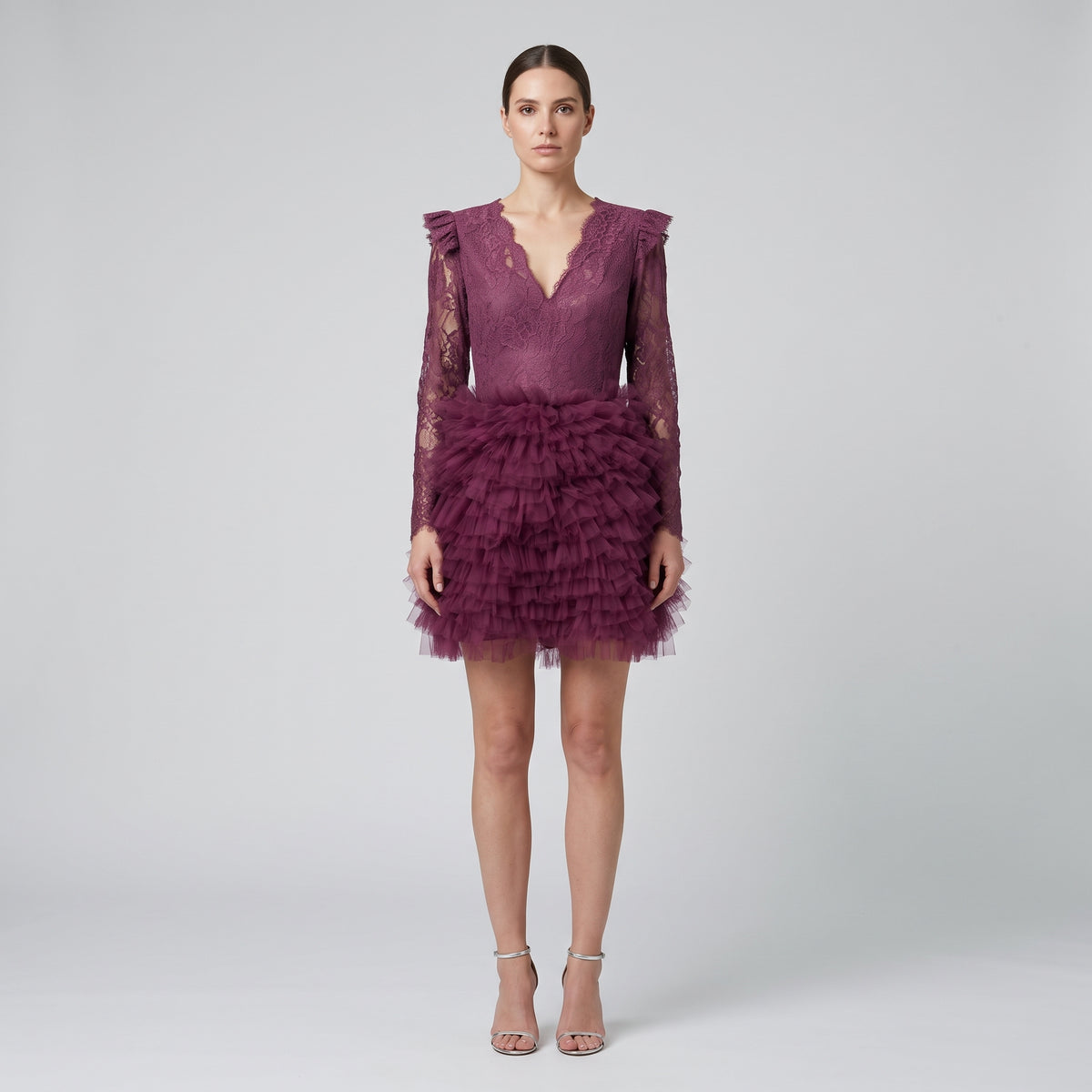 Burgundy Lace Ruffle Mini Dress