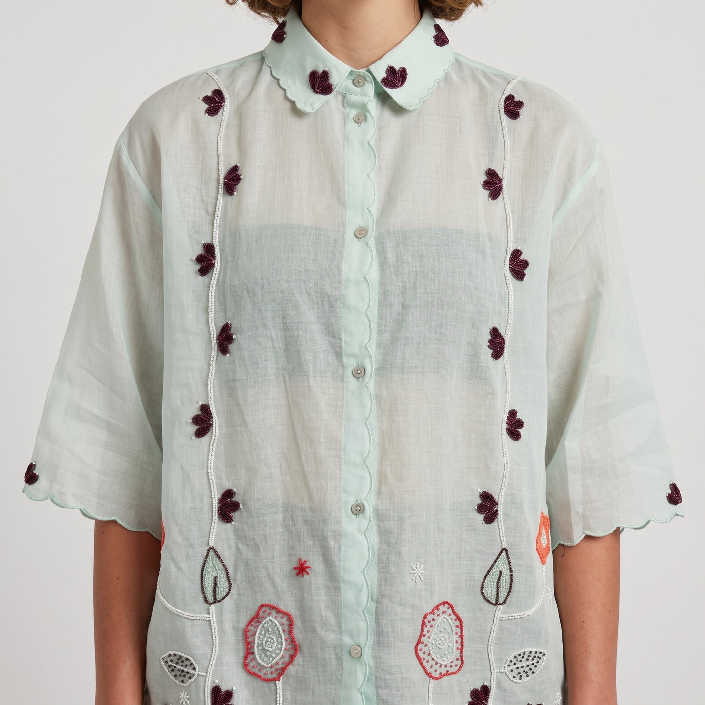 Embroidered Scalloped Linen Shirt