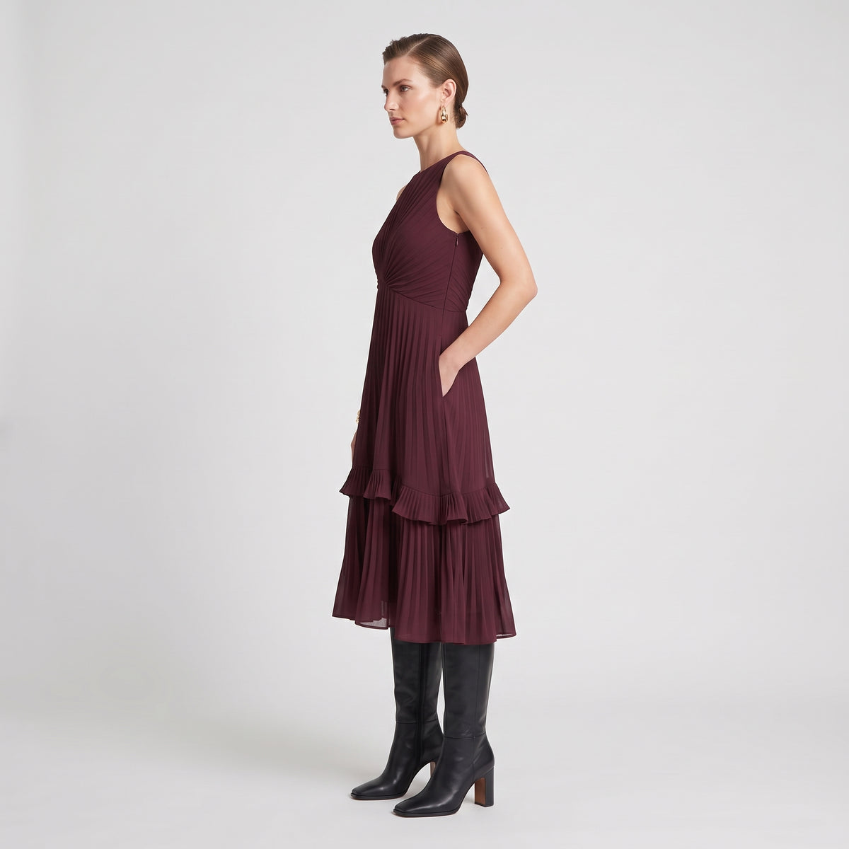 Pleated Tiered Burgundy Cocktail Dress
