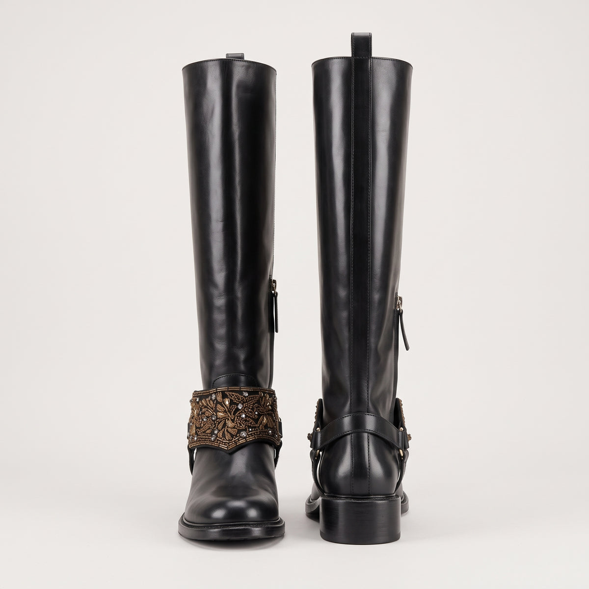 Embellished Leather Knee High Boots