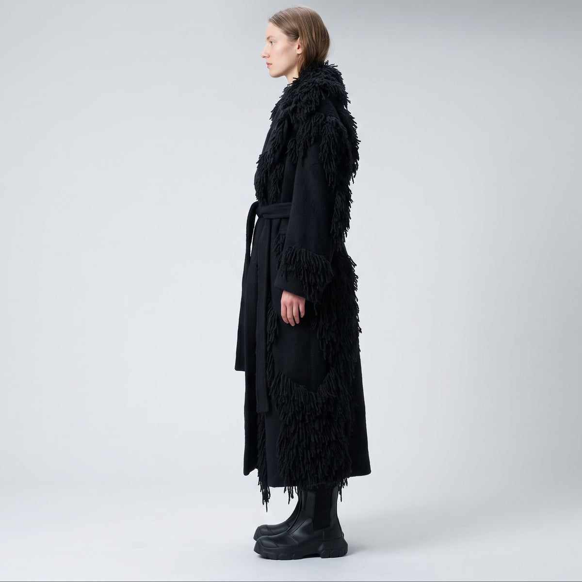 Fringed Wool Belted Coat