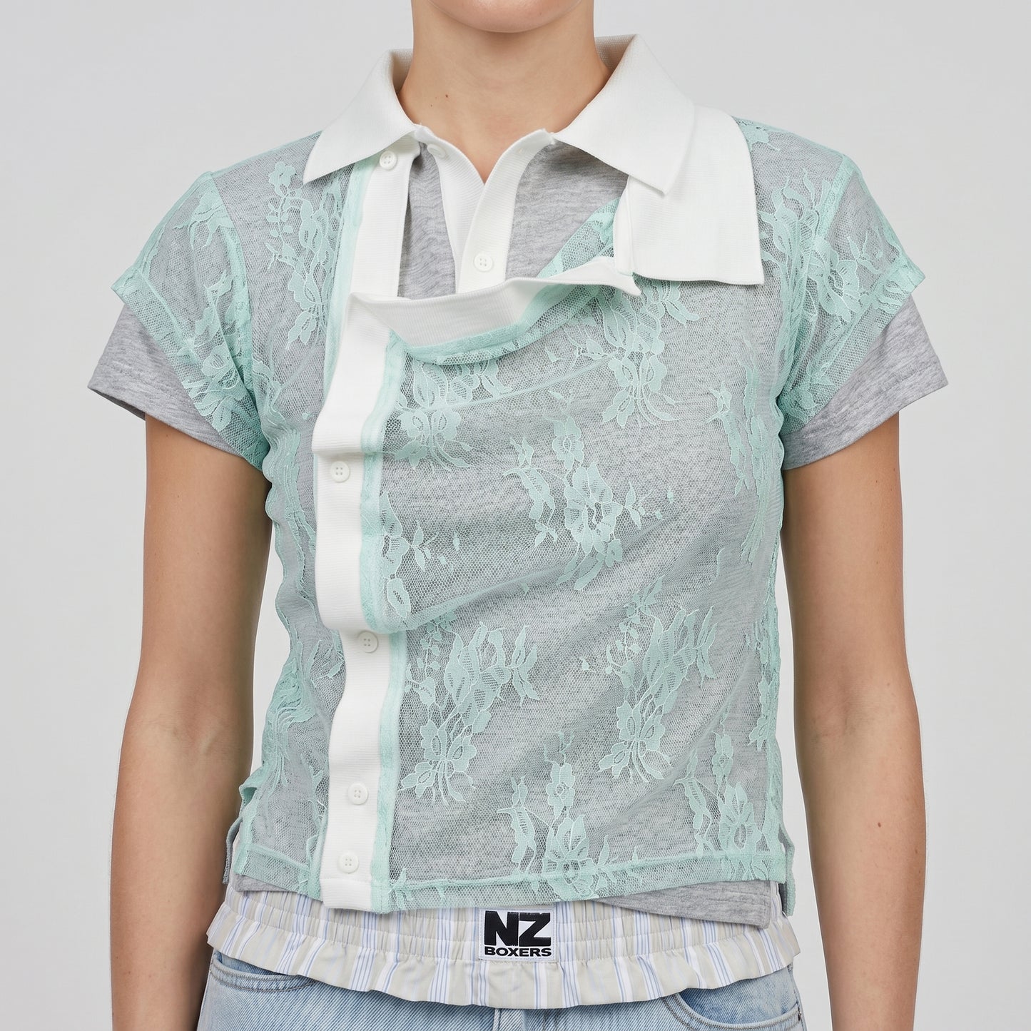 Lace Overlay Asymmetric Polo Top