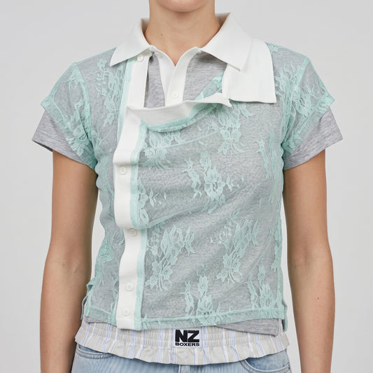 Lace Overlay Asymmetric Polo Top