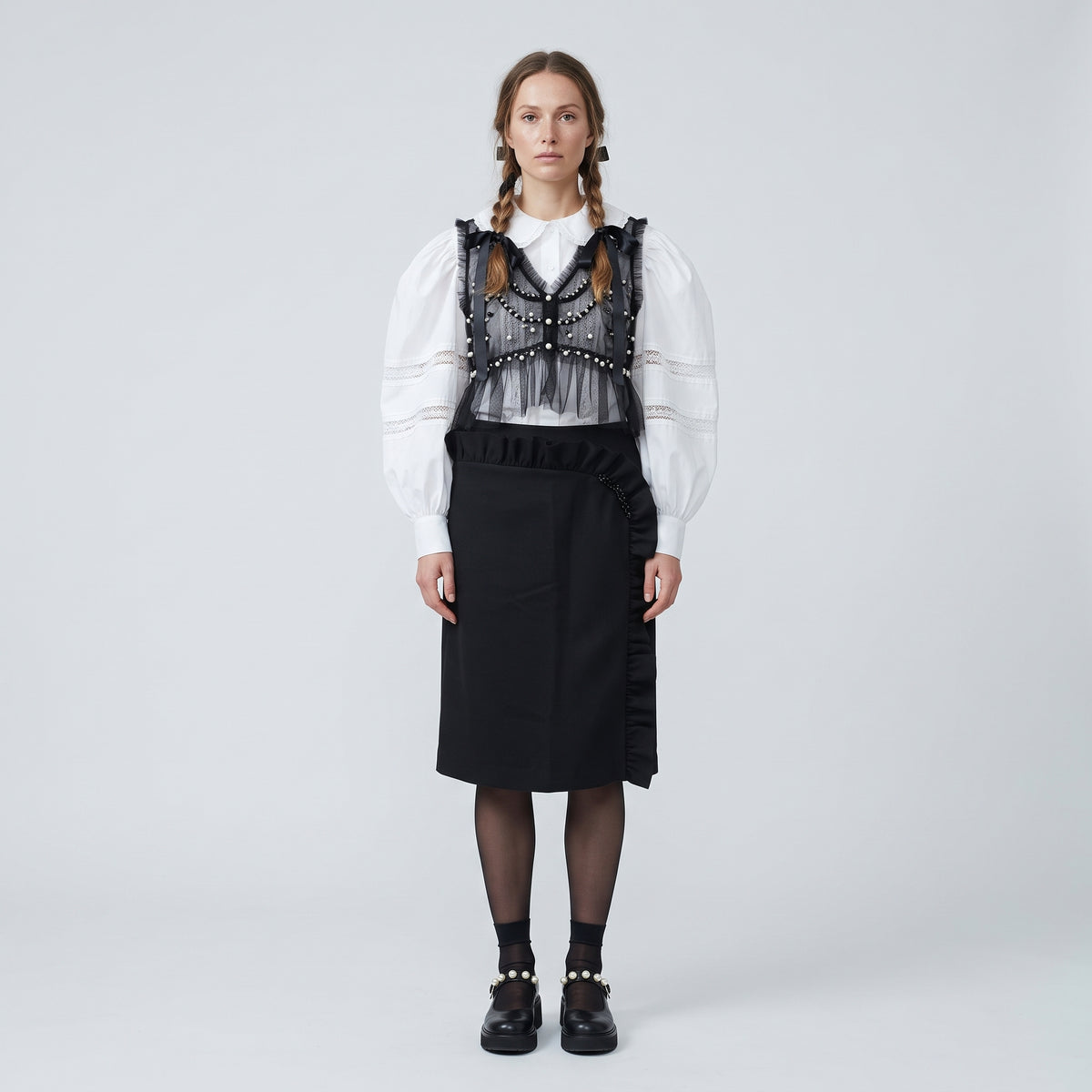 Ruffled Embellished Black Mini Skirt