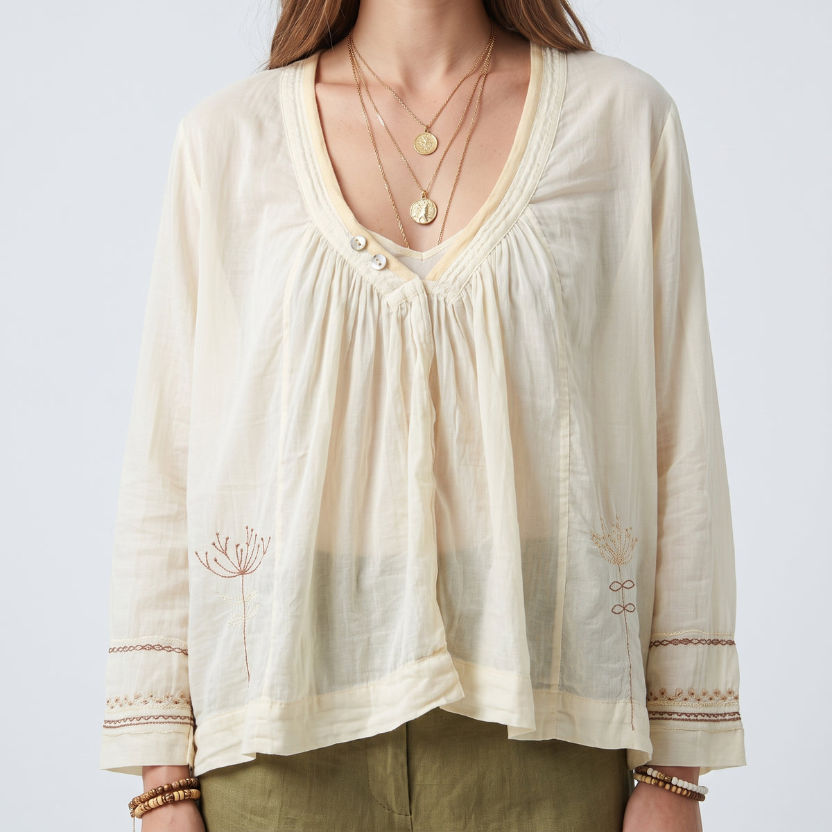 Embroidered Cotton V-Neck Blouse