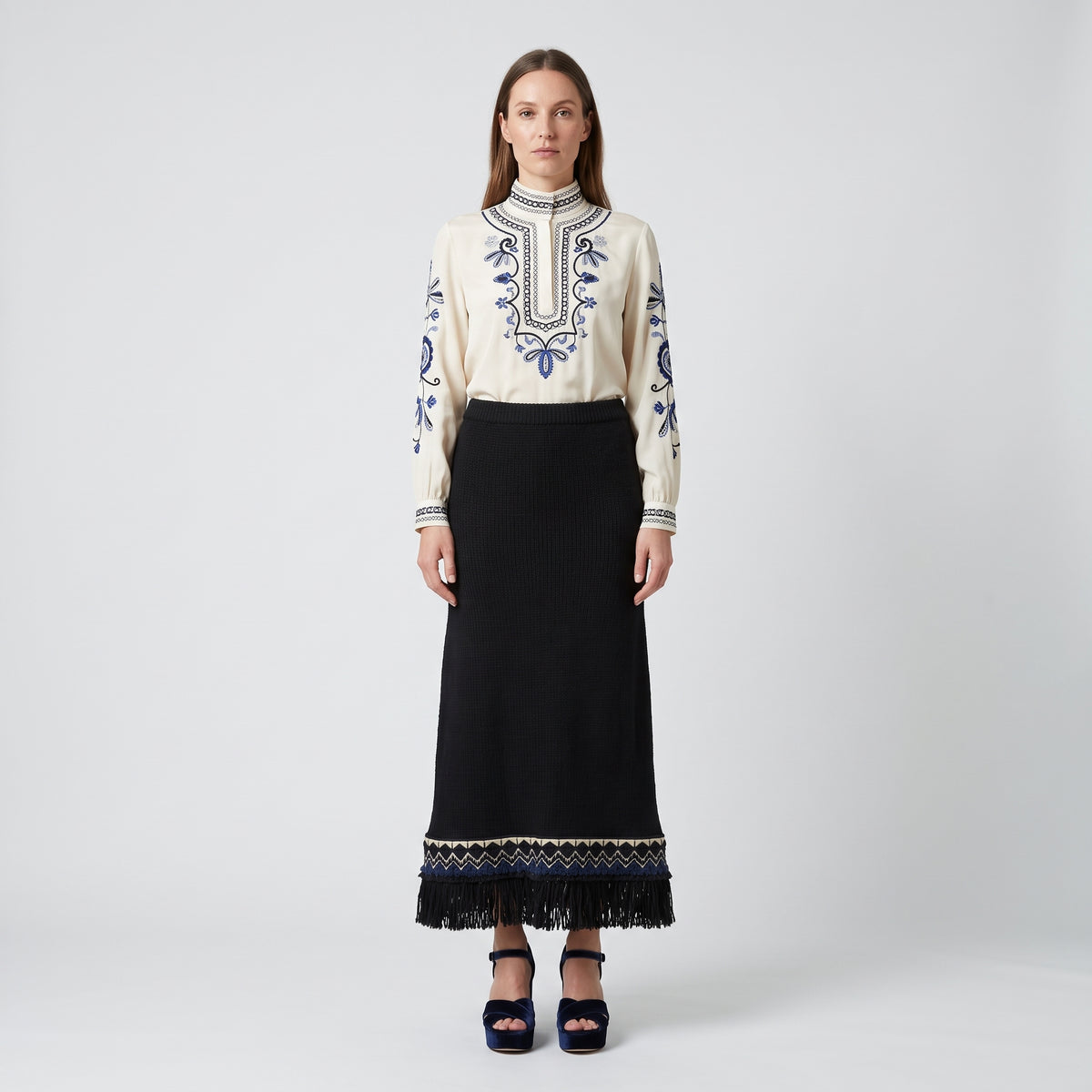 Embroidered Fringe Knit Midi Skirt