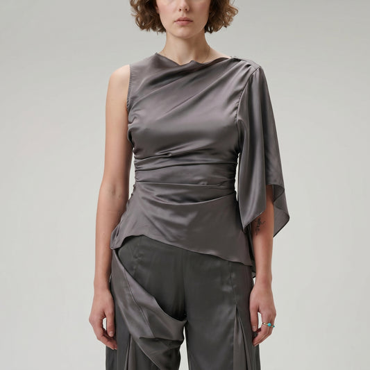Asymmetric Draped Satin Blouse