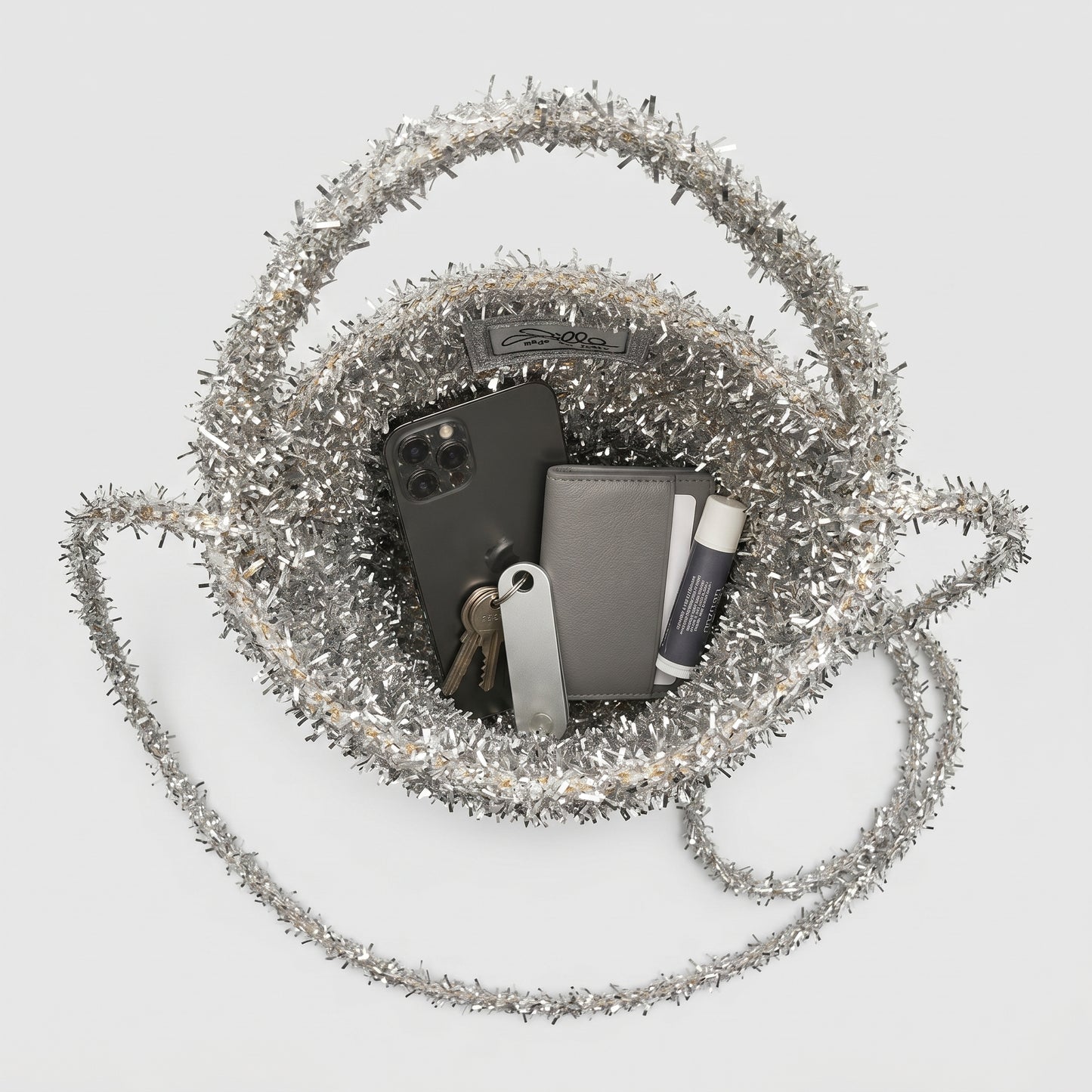 Shimmering Metallic Fringe Bucket Bag