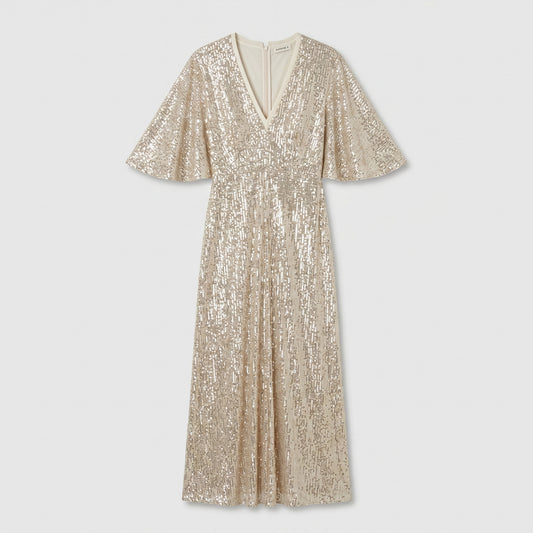 Sequin V-Neck Flutter Sleeve Dress