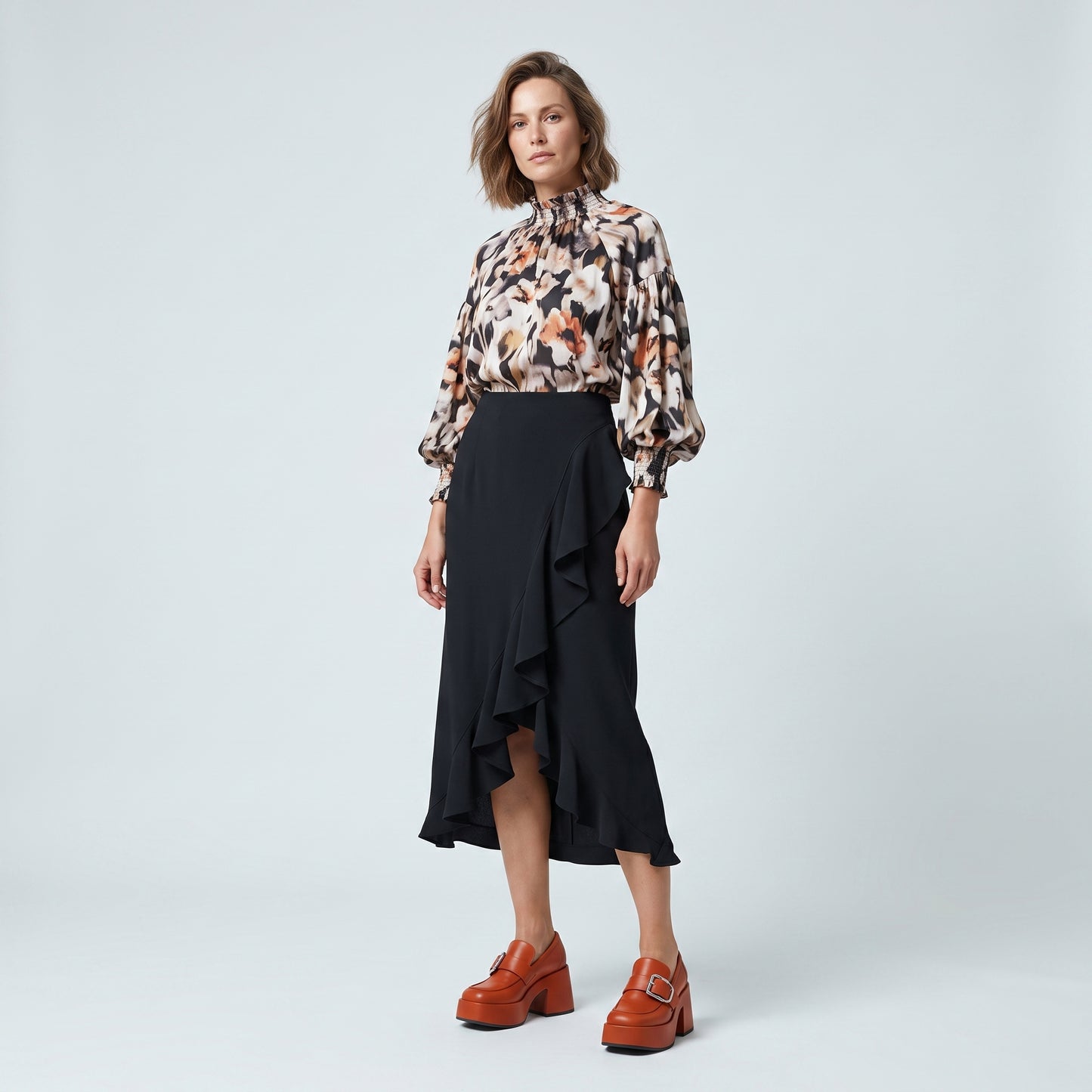 Elegant Black Ruffled Midi Skirt