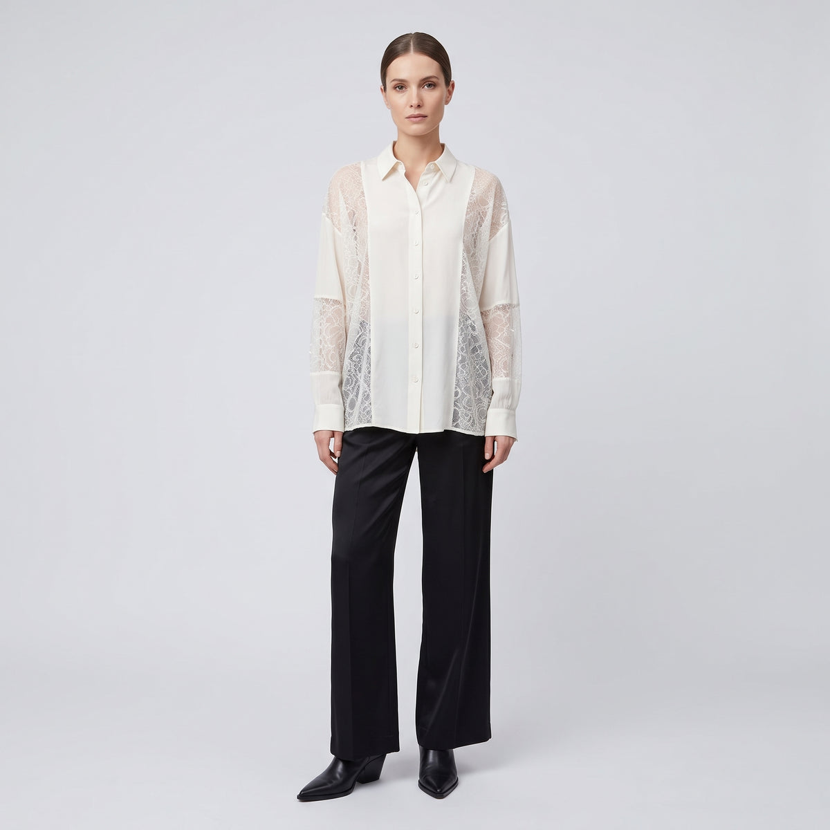 Elegant Lace Panel Button-Down Shirt