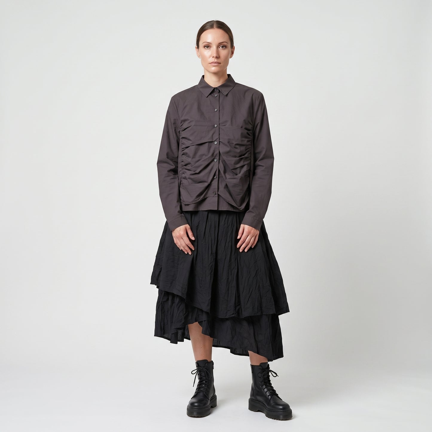 Ruched Button-Down Cotton Shirt