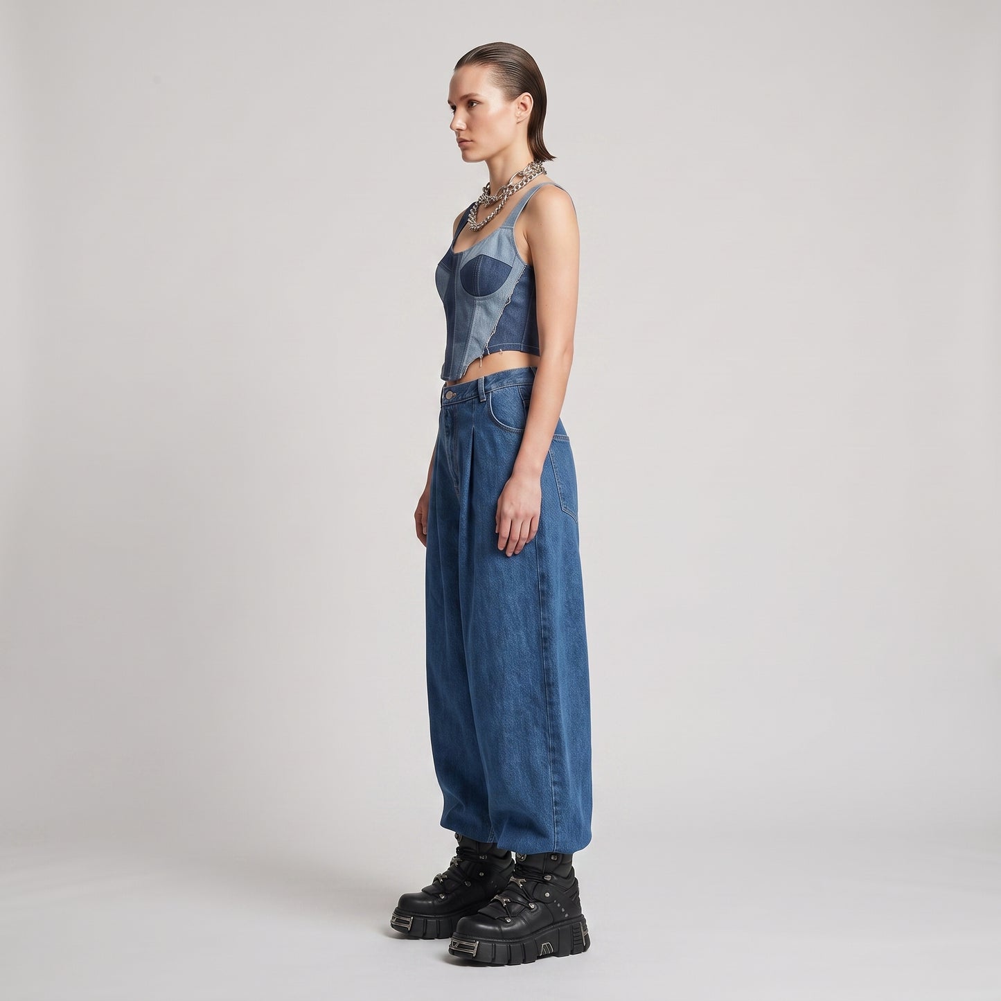 Pleated Wide Leg Denim Jeans