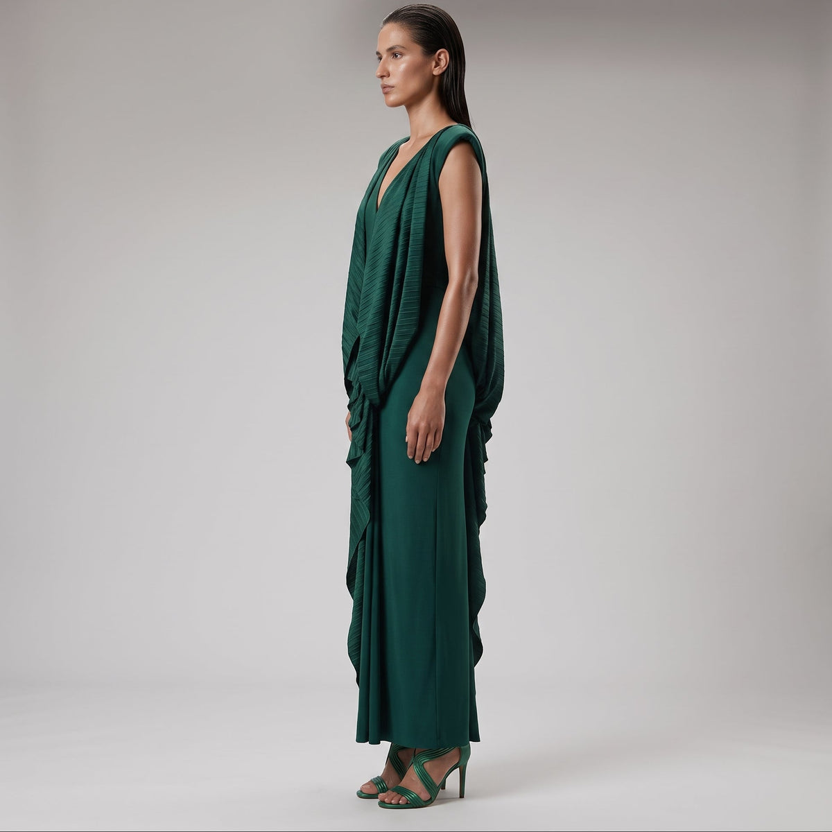 Emerald Pleated Draped Evening Gown