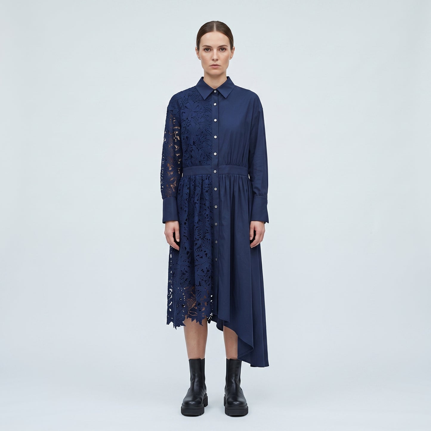 Asymmetric Lace Panel Shirt Dress
