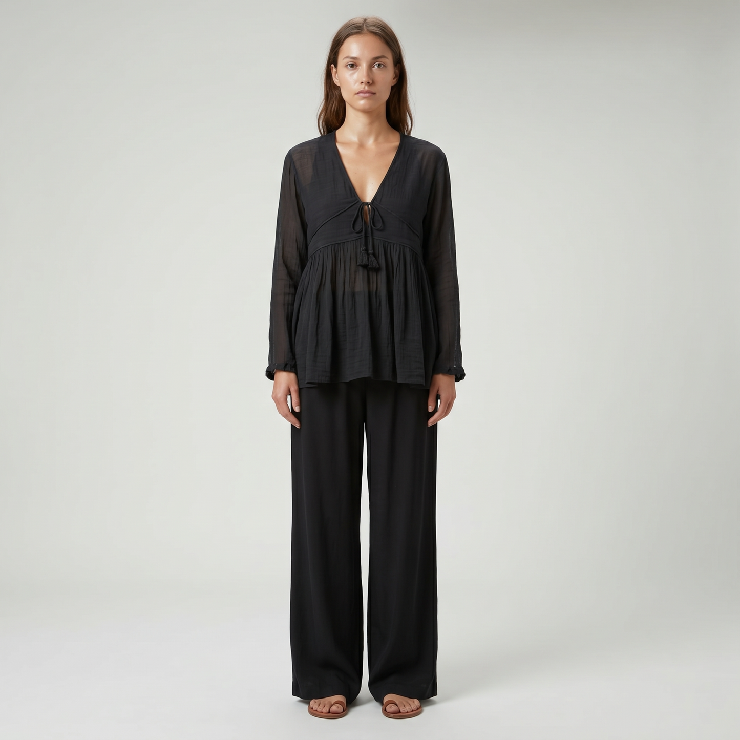 Black Gauze V-Neck Blouse
