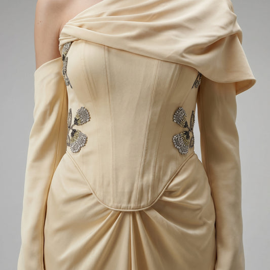 Embellished One-Shoulder Drape Gown