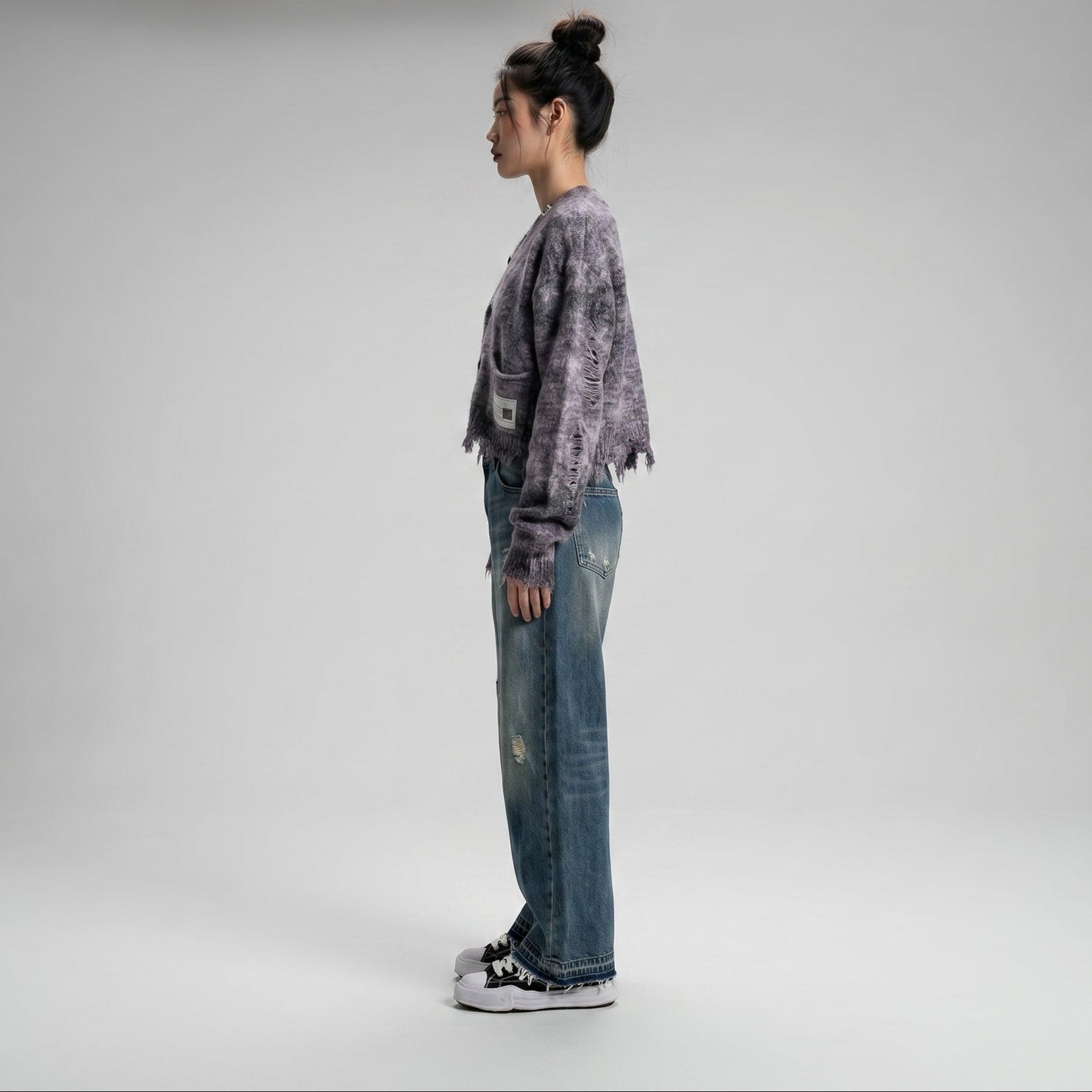 Distressed Textured Button-Down Cardigan