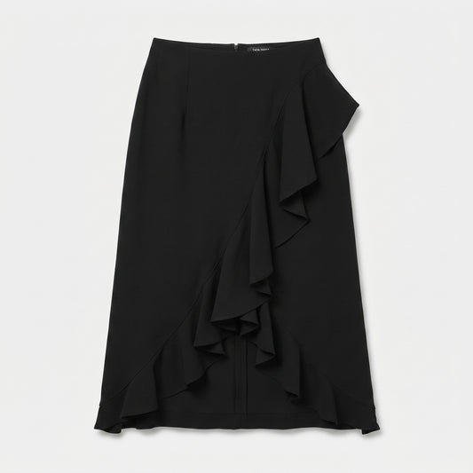 Elegant Black Ruffled Midi Skirt
