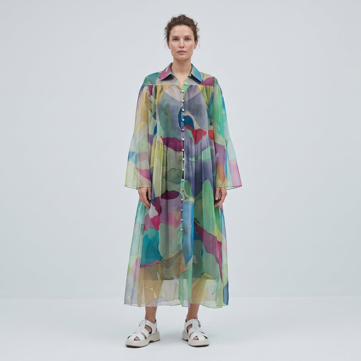 Abstract Print Pleated Shirt Dress