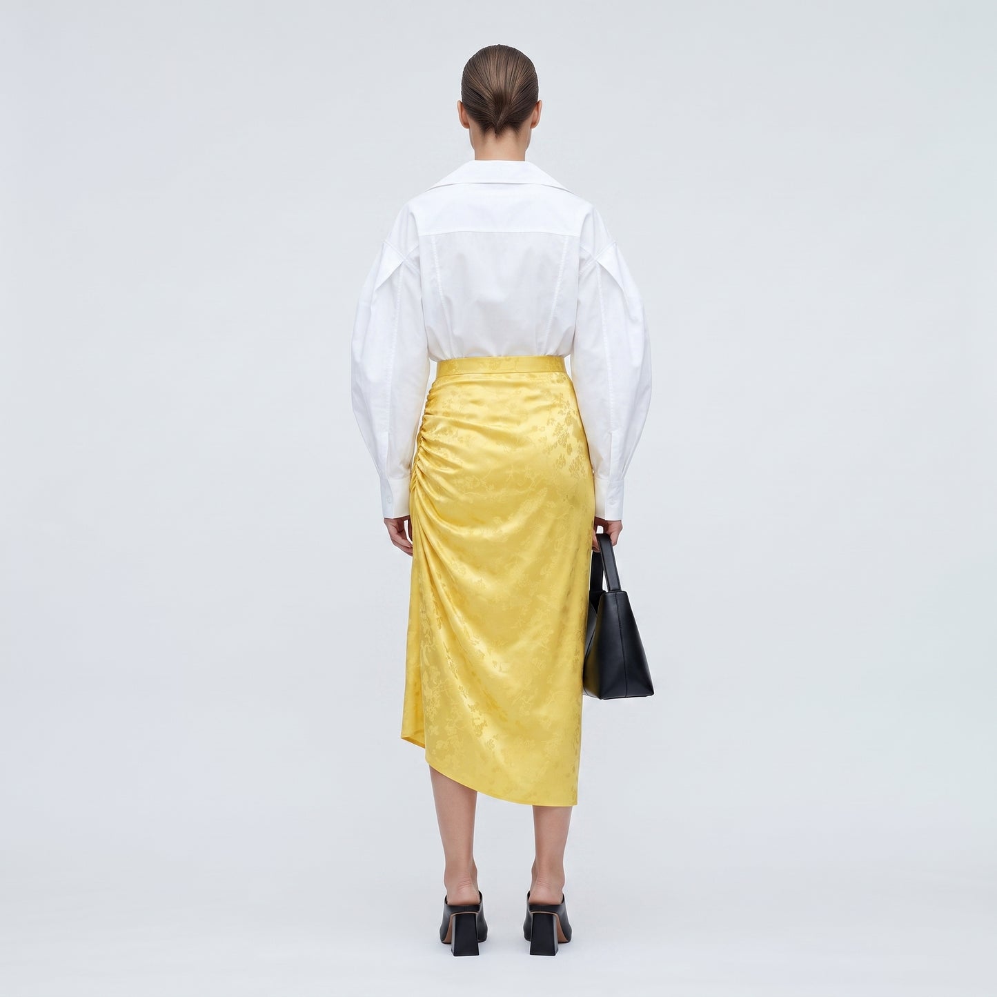 Ruched Floral Satin Midi Skirt