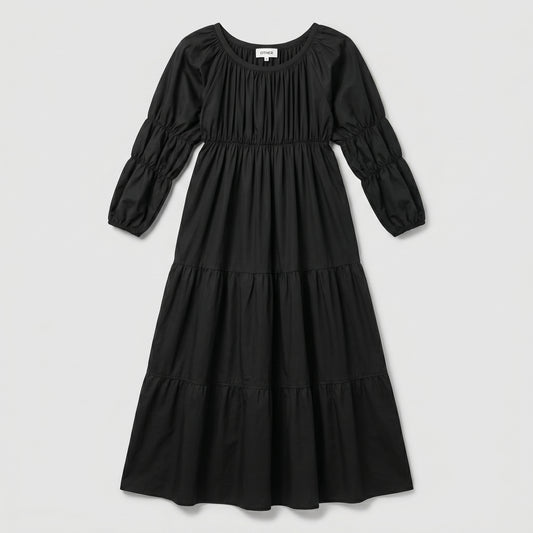 Ruched Tiered Cotton Midi Dress