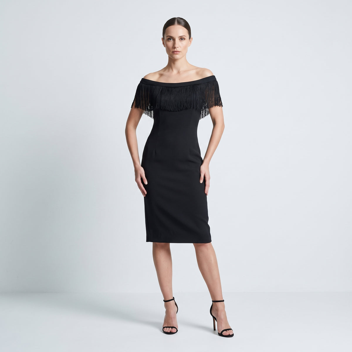 Fringe Trimmed Black Sheath Dress