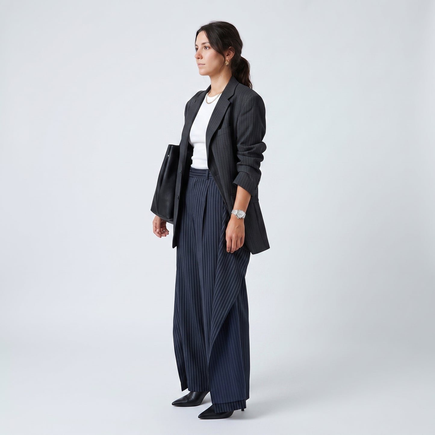 Pinstriped Tailored Wide-Leg Trousers