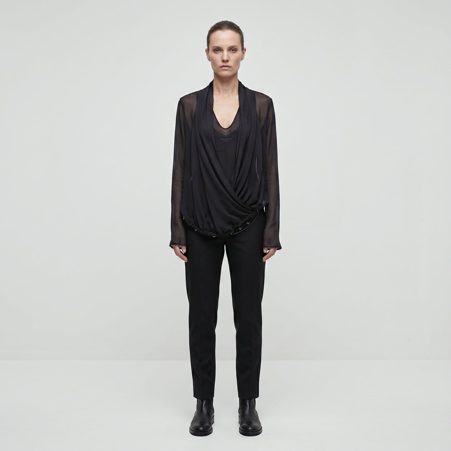Draped Sheer V-Neck Blouse