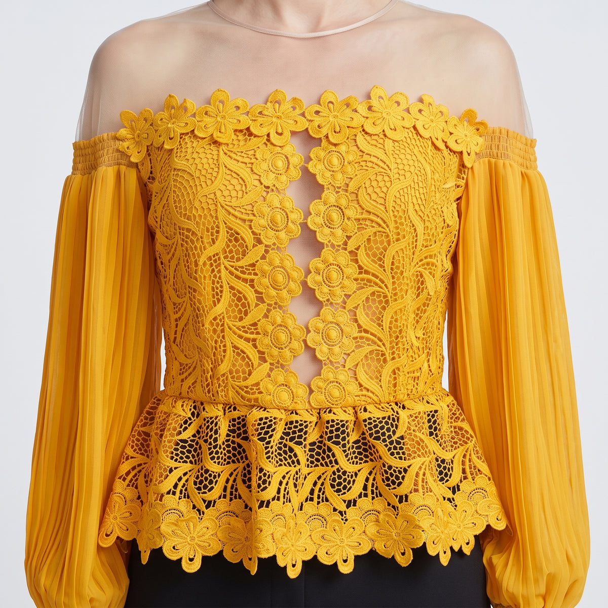 Floral Lace Pleated Sleeve Blouse